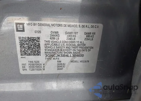 2020 Chevrolet Trax Fwd Ls из США, поврежденный, VIN 3GNCJKSB4LL304600